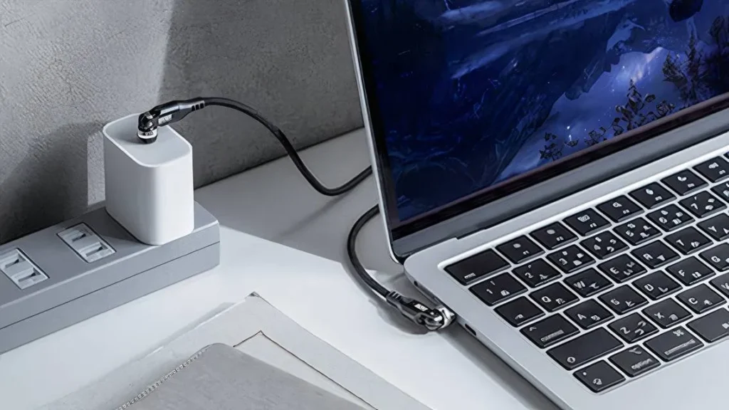 The image shows a workspace scene with a laptop computer connected to a power adapter via a cable. In the foreground is a power strip with multiple outlets, a white power adapter, and a laptop. The background includes a gray wall, hinting at a modern, minimalist workspace. The overall setting suggests a home office or a clean, organized work area. The cable shows a 90-degree bend where it protrudes from the laptop's socket.