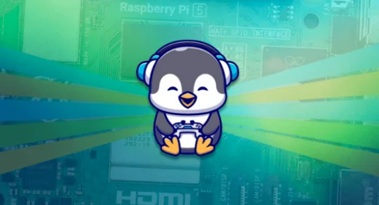 The image shows an adorable cartoon penguin wearing headphones and holding a video game controller. It is positioned in the foreground against a background of a circuit board, with various electronic components and labels such as "Raspberry Pi 5" and "HDMI" visible. The background has a vibrant teal and green color scheme, with streaks of light emanating from behind the penguin, adding a dynamic element to the scene.