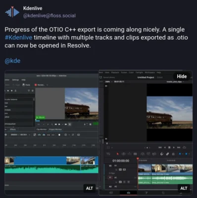 The image shows two screen captures of video editing software. In the foreground, there are various tools and options for video editing, including color balance, equalizer, and effects. The background displays a preview of a video clip showing a vintage-style streetcar traveling along a desert-like landscape. The streetcar appears to be well-preserved, suggesting a historical or restored vehicle. The video editing software is shown here is Kdenlive, a professional-grade video editor. The screenshot displays multiple tracks and clips organized on a timeline, showing it is an advanced use-case scenario. The small details in the timeline include timestamps that correlate with the video footage, suggesting careful consideration and attention to detail by the editor. This implies the editor has advanced skills in editing, as the software displays a multitude of features including an audio mixer, video effects, and transitions.