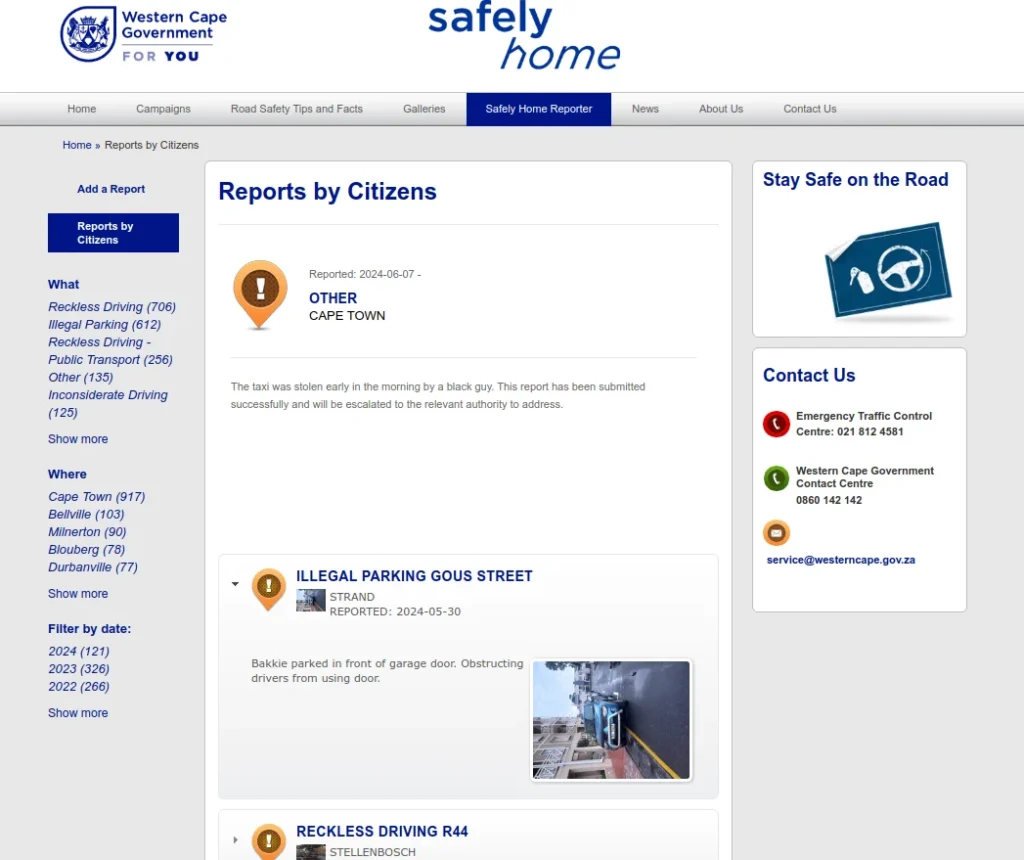 The image shows a screenshot of the "Safely Home Reporter" website, from the Western Cape Government in South Africa. The page displays various citizen reports categorized by incident type (reckless driving, illegal parking, etc.) and location (Cape Town, Bellville, etc.). In the foreground, there are several reported incidents listed with counts, a map pin icon, a date reported, and short descriptions. The background shows website navigation links and contact information for emergency services.