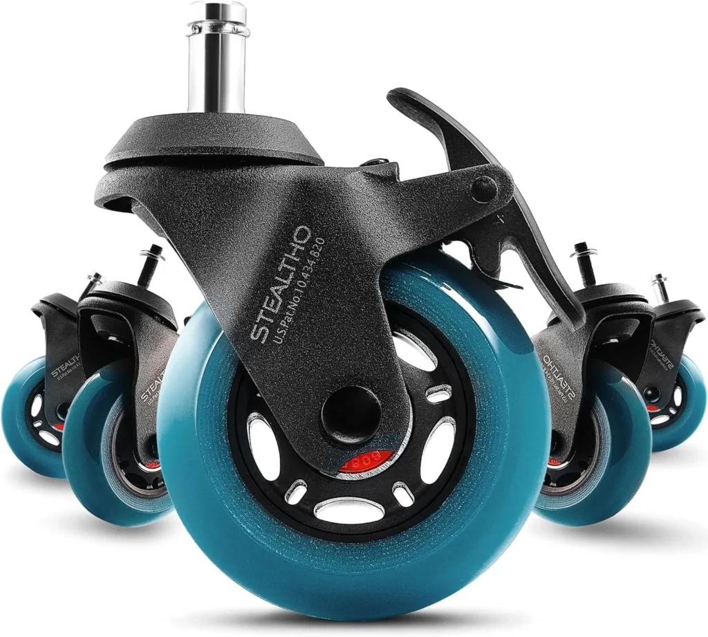 The image shows a close-up view of four StealthO caster wheels against a stark white background. The foreground is dominated by the teal-colored polyurethane wheels, each exhibiting a distinct design with visible spokes and a central hub. The background is simple and uncluttered, further emphasizing the product. The wheels have a sleek and modern aesthetic, suggesting high quality and perhaps a professional application.