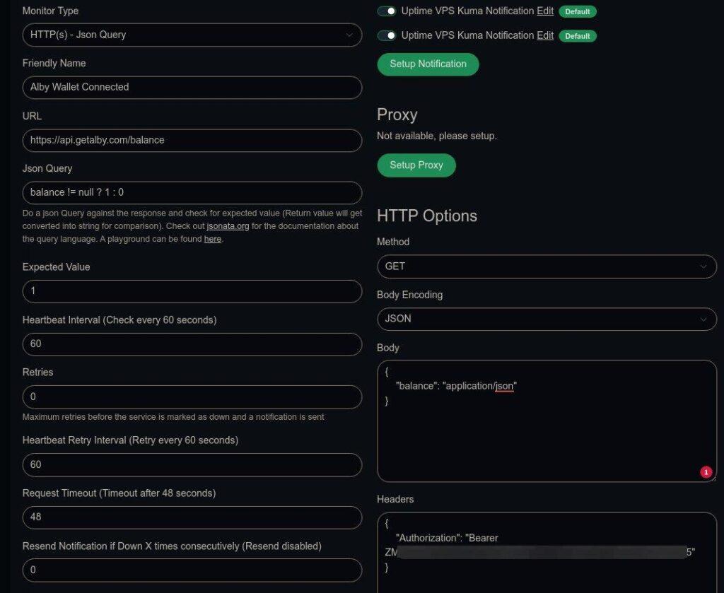 The image shows a computer screen displaying a configuration interface, for setting up a service monitor. The foreground is dominated by various input fields and dropdown menus related to HTTP requests, JSON queries, and notification settings. In the background, there are sections for setting up proxy servers and notification preferences. The overall design is dark-themed and clean. The URL in the input field suggests an interaction with an API related to Alby Wallet.