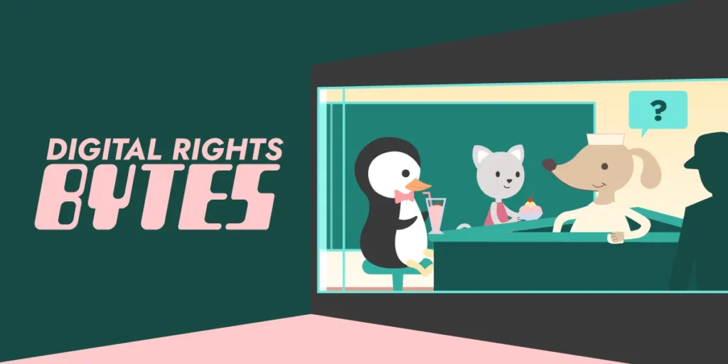 The scene is set in what appears to be a retro-style diner, viewed from the outside through a large window. The foreground is dominated by the window frame itself, while the background features a teal wall with the words "DIGITAL RIGHTS BYTES" prominently displayed in a stylized font. Inside the diner, three anthropomorphic animals—a penguin, a cat, and a dog—are seated at a counter, each enjoying a different treat. The counter is a simple teal color, and the overall color palette is muted and nostalgic. The penguin, cat, and dog seem to be engaging in friendly conversation. The penguin, wearing a bow tie, appears relaxed and content as it sips a milkshake. The cat looks cheerful, holding what seems to be a small sundae. The dog, wearing a sailor hat, has a slightly inquisitive expression, indicated by a thought bubble with a question mark above its head. Also, there is a silhouette of a figure in a hat visible outside the diner in the upper right corner; its presence hints at an unseen element beyond the window, adding a slightly mysterious touch to the illustration.