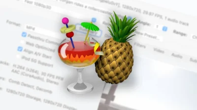 Graphic showing a pineapple with a cocktail drink to its left.