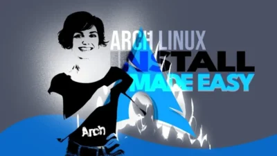 The image is a stylized graphic design, likely promoting Arch Linux. The foreground features a bold, black and white silhouette of a woman with short hair, giving a modern and edgy feel. Her age seems to be in her late twenties or early thirties. She is wearing a t-shirt with 'Arch' subtly visible near the bottom. The background showcases a vibrant blue and grey colour scheme with the text 'Arch Linux Install Made Easy' overlaid, set in a bold and dynamic typeface. The overall aesthetic is reminiscent of street art or graphic novel style.