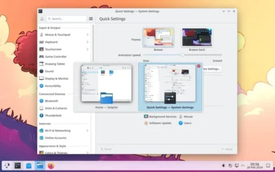 The image shows a computer screen displaying the system settings of what seems to be a KDE Plasma desktop environment. In the foreground, various system settings options are visible, including input & output, display & monitor, and connected devices. The background features a cartoonish landscape with soft, pastel colors. The main focus is on the system settings menus, with file manager windows showing in the center. There is also a small 'Apply' button at the bottom, which suggests some configuration changes have been made.