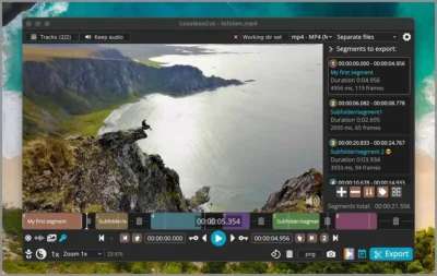 Screenshot of a video editing screen showing an image in the centre. Below it is a timeline with a number of cuts on it. The image shows a breathtaking view of a serene coastal landscape, likely somewhere in Norway, judging by the rugged cliffs and clear water. In the foreground, a person sits alone on a rocky outcrop overlooking the sea. The background features a picturesque bay, with mountains rising majestically in the distance. The water is a calm, light blue, and the land is a mix of green vegetation and bare rock.