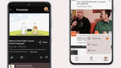 The image shows two smartphone screens displaying the PeerTube video platform. The screen on the left shows a cartoon of a cat and dog, along with a video titled "What is PeerTube?" in French and English. The background of the cartoon is a simple green field under a bright, partly cloudy sky. The screen on the right shows a live video of two middle-aged men, possibly hosts of a talk show, engaging in conversation. The background features a blurred bookshelf indicating they are in a library or a study setting. On the left-hand side, subtle details include the number of likes and dislikes, showing that user interaction exists for the content. On the right-hand side, a 'Watch Later' option suggests a feature to manage the viewing experience. The number of views and upload times help to understand the popularity and age of the video.