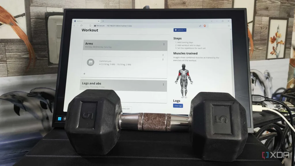 The image shows a laptop displaying a workout routine on a screen. In the foreground are a pair of 5kg dumbbells. The background features several framed wall art pieces, including one that depicts a bird with a long tail and another that seems to show dolphins jumping out of water. The overall setting suggests a home gym or a personal workout space. The workout plan shown on the screen is quite detailed, including sets, repetitions and muscle groups, indicating a moderate level of fitness experience.