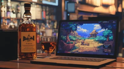 The image shows a dimly lit bar scene, with shelves of liquor bottles blurred in the background. In the foreground, a bottle of whisky, a glass of amber liquid, and a laptop displaying a pixelated video game are arranged on a wooden surface. The laptop's screen showcases a scene seemingly from a retro-style role-playing game, vibrant colours adding a touch of fantasy to the otherwise mature environment. The bar's soft lighting creates a warm, inviting ambiance, contrasting with the focus on the digital world displayed on the screen.