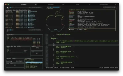 The image shows a computer screen displaying system information and code. In the foreground, various system metrics are shown, including CPU and memory usage, network activity, and running processes. The background shows a terminal window with what seems to be a JSON configuration file, along with other system-related information, including the operating system version and kernel details. The overall theme is dark, with a colour scheme predominantly consisting of dark greys and greens. The terminal screen is also divided into different panes, with different information inside each pane.