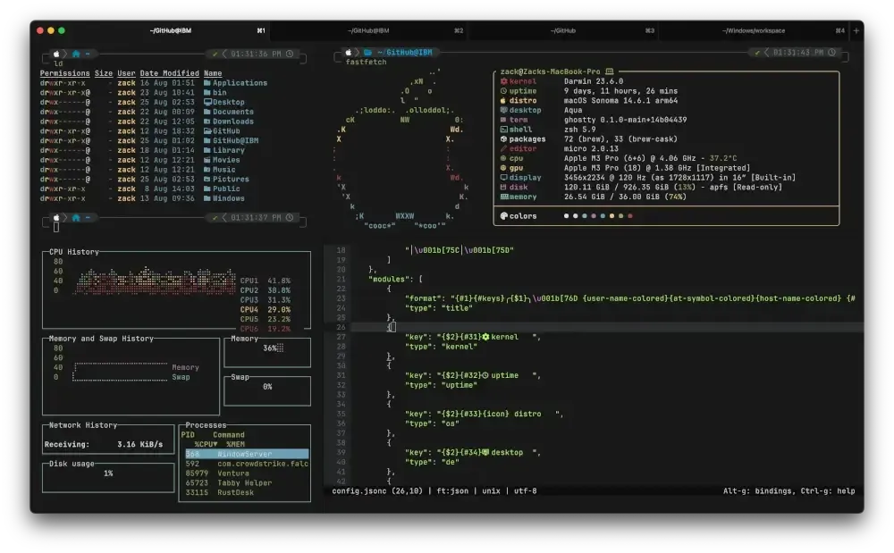 The image shows a computer screen displaying system information and code. In the foreground, various system metrics are shown, including CPU and memory usage, network activity, and running processes. The background shows a terminal window with what seems to be a JSON configuration file, along with other system-related information, including the operating system version and kernel details. The overall theme is dark, with a colour scheme predominantly consisting of dark greys and greens. The terminal screen is also divided into different panes, with different information inside each pane.