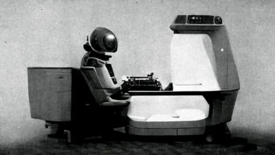 The image shows a robot sitting at a typewriter inside what appears to be a futuristic vehicle or control station. The background is a plain, light gray wall, suggesting a sterile, possibly industrial setting. The foreground is dominated by the robot and its workstation, with a small, dark gray floor visible at the bottom. The vehicle itself seems to be made of a light-colored, possibly metallic material. There is a small gray cabinet to the left of the robot, and a smooth, curved console to the right.