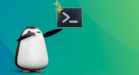 A cartoon penguin next to a speech bubble with a command prompt symbol on a blue-green gradient background.