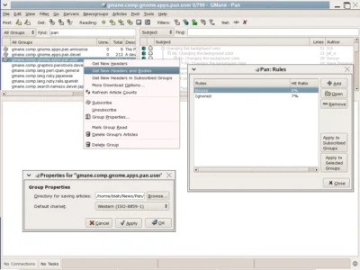 Screenshot of the Pan application for Usenet. It shows a list of groups on the left, with various topic subjects in a selected group, to the right. The user has right-clicked ona group, and a popup menu shows an option selected to get new group headers and bodies.