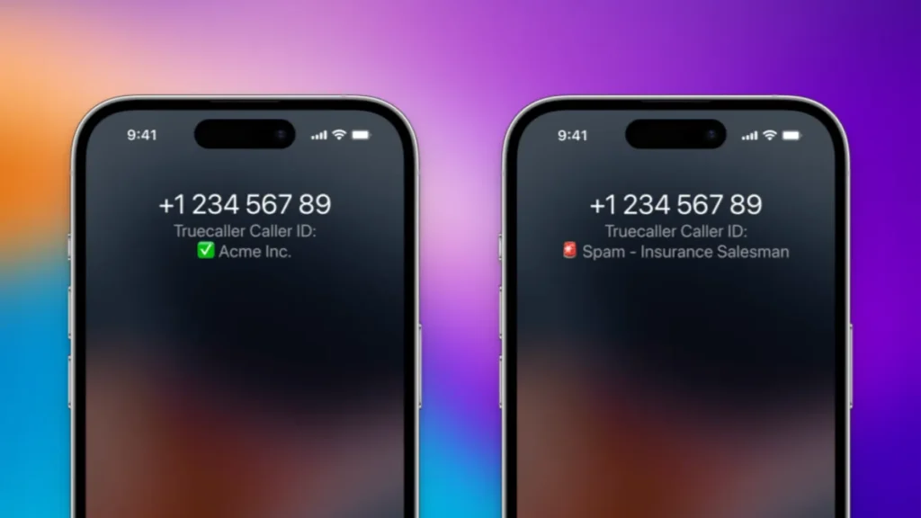 Two iPhones showing the caller screen. One on the left shows a number with a Truecaller ID and a green tick. The other shows the same but with the words Spam and a red icon next to it.