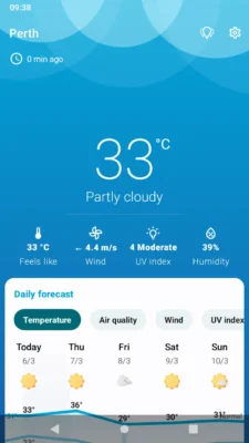 Weather app screen showing Perth's current temperature at 33°C, partly cloudy, with wind speed, UV index, and humidity details below.