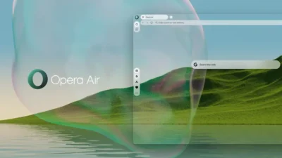 A serene landscape with the "Opera Air" logo and a browser interface featuring a search bar and navigation icons.