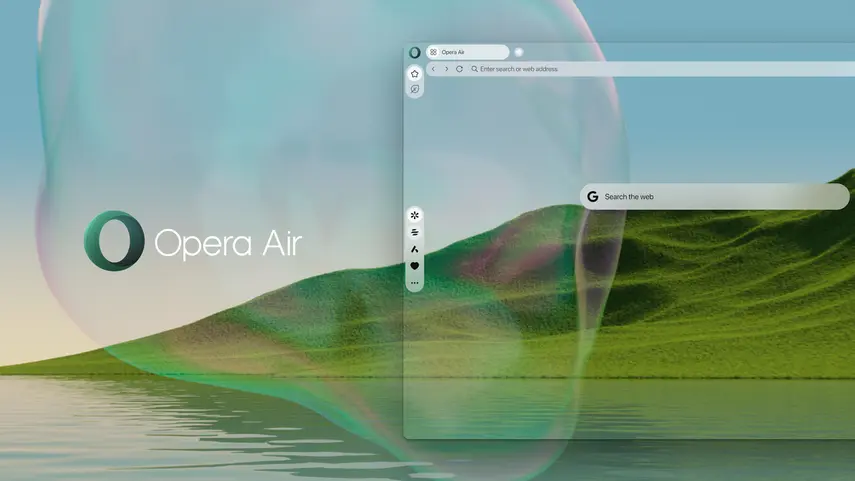 A serene landscape with the "Opera Air" logo and a browser interface featuring a search bar and navigation icons.