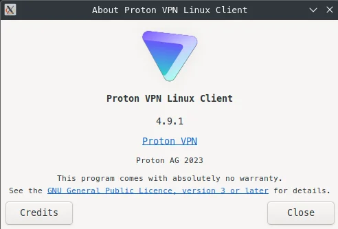 About window for Proton VPN Linux Client version 4.9.1, displaying the logo, copyright, and license information.