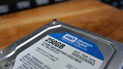 Close-up of a Western Digital 250GB SATA hard drive with a blue label, showcasing storage specifications and the company logo.