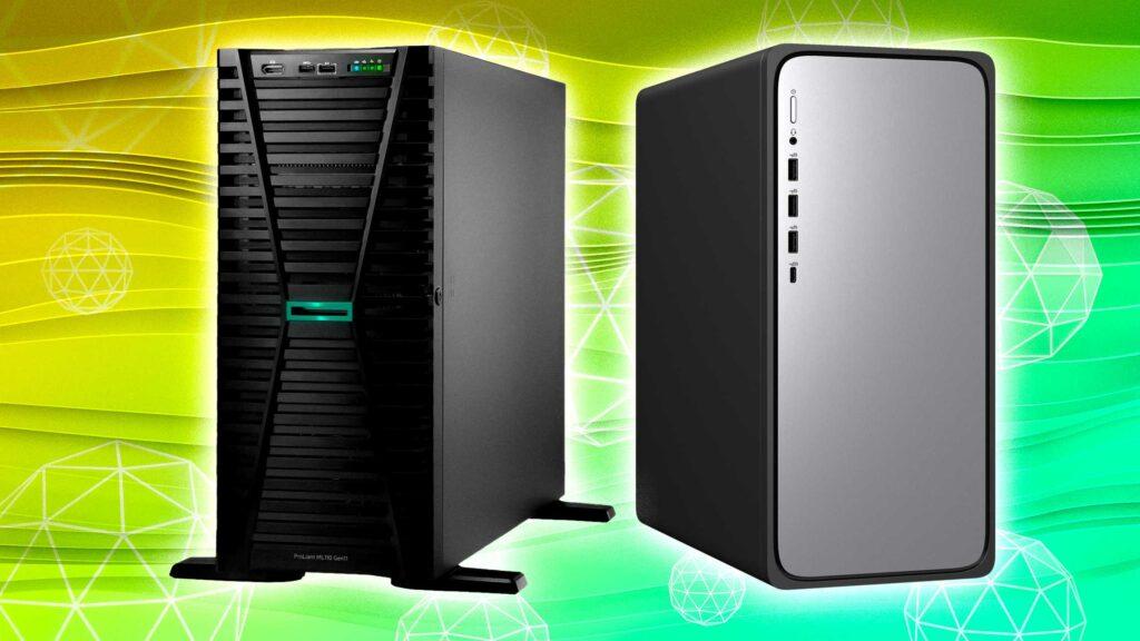 Two sleek computer towers, one black with green accents and one silver, set against a vibrant yellow and green abstract background.