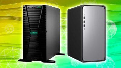 Two sleek computer towers, one black with green accents and one silver, set against a vibrant yellow and green abstract background.