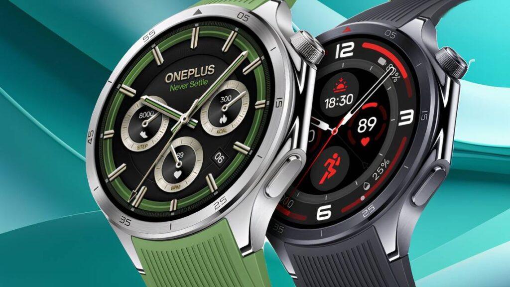 Two OnePlus smartwatches close up, featuring distinct designs: a green-faced watch with multifunction dials and a black fitness display.