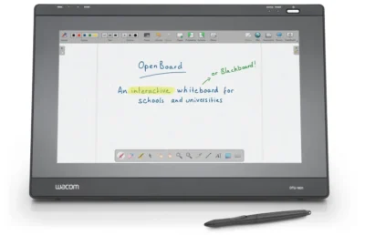 An interactive Wacom tablet displaying "OpenBoard," highlighting its use as a digital whiteboard for education.