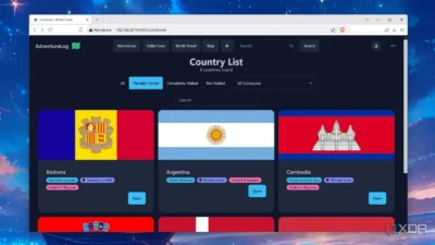 Screenshot of AdventureLog's country list feature showing partially visited countries like Andorra, Argentina, and Cambodia with flags.