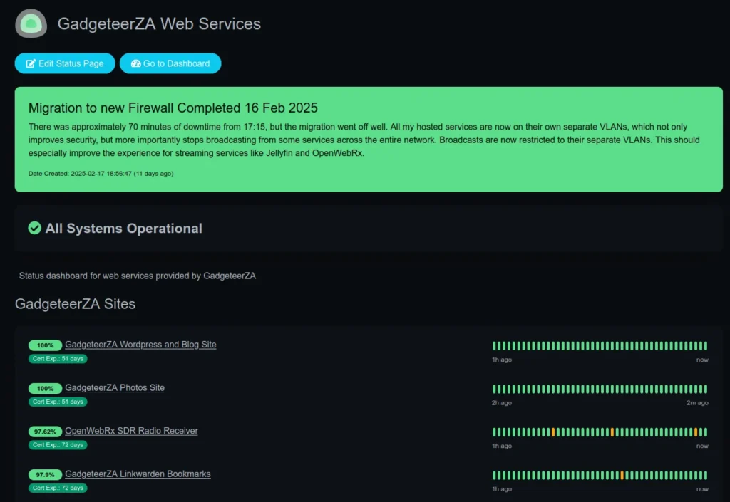 Screenshot of GadgeteerZA web services status dashboard, showing operational status and recent updates on hosted services.