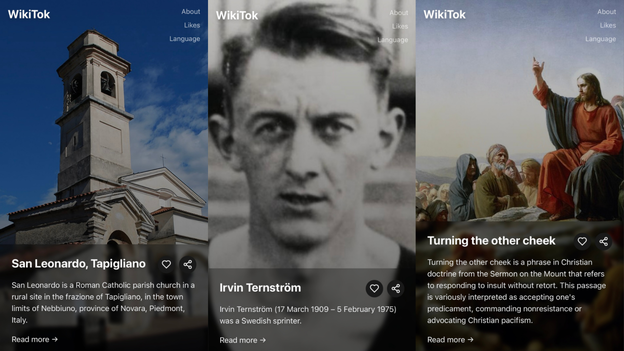 A collage of three WikiTok screens featuring a church in Italy, a biography of athlete Irvin Ternström, and an artwork on Christian doctrine. Each image has a text caption below it.