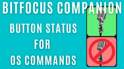 Image shows "Bitfocus Companion Button Status for OS Commands," featuring green and red microphoned icons indicating active and inactive statuses.