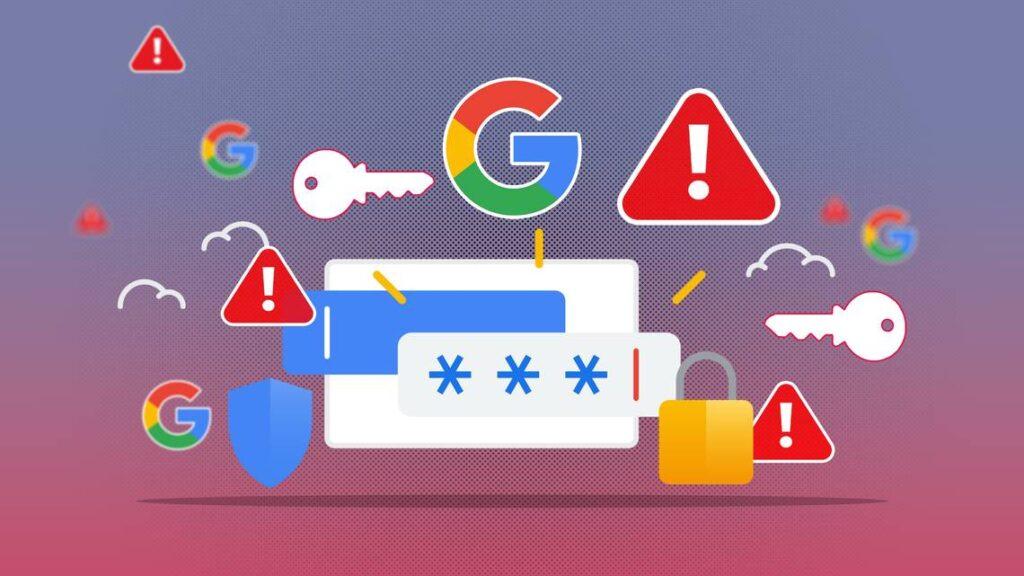 An illustration featuring Google logos, keys, security icons, and alerts, emphasising online security and password protection.