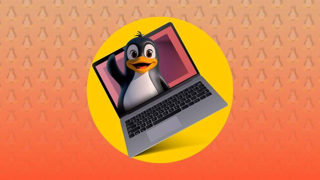 A cheerful cartoon penguin peeks from a laptop screen, set against a gradient background with repeated penguin motifs.