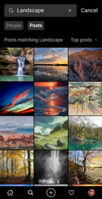 A grid of diverse landscape images showcasing waterfalls, sunsets, mountains, and forests, with a search bar at the top labeled 'Landscape'.