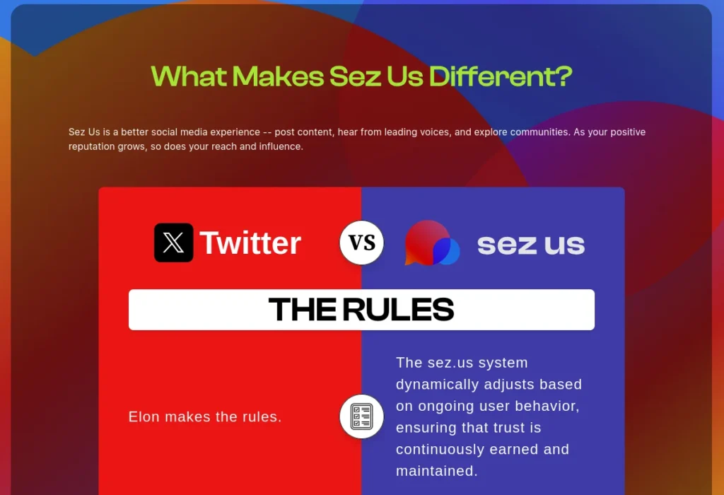 Comparison of social media platforms: Twitter's rules by Elon Musk vs. Sez Us, which adapts to user behavior for trust and influence.
