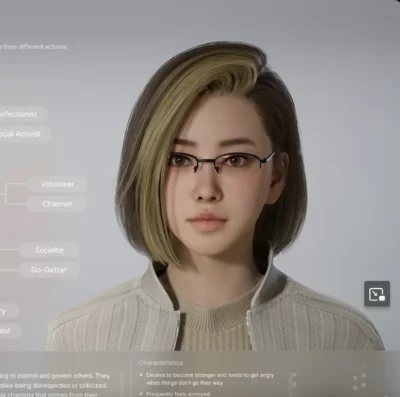 A person with shoulder-length blonde hair, wearing a beige sweater, is depicted alongside personality traits and characteristics. This is part of the in-game character creation in inZOI.