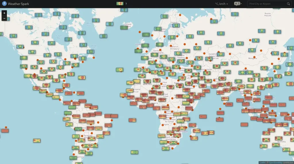 A world map displaying various weather data points marked by colorful icons, representing global climate conditions.
