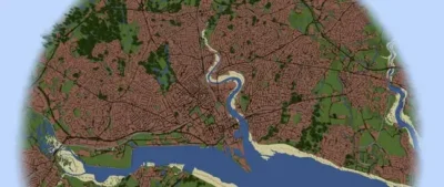A detailed top-down map depicting a landscape with intricate street layouts, rivers, and green areas, resembling a vibrant city.