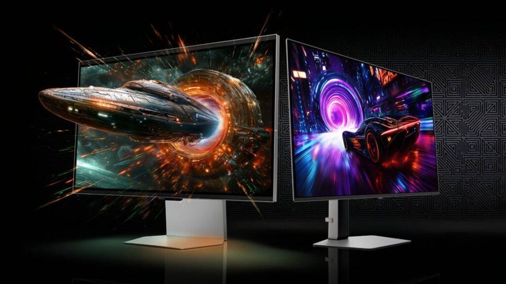 Two high-resolution monitors display vibrant sci-fi scenes: a spaceship entering a wormhole (and projecting outside of the display) and a fast car racing through colorful lights.
