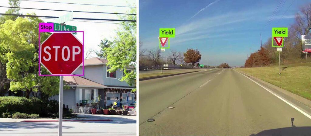 Image split showing a red "STOP" sign on the left and a triangular "YIELD" sign on the right, indicating traffic regulations. The labels are overlaid over the signs in the image.