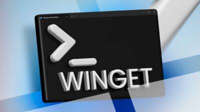A close-up of a Windows PowerShell window displaying the command "winget" on a dark background with a gradient blue backdrop.