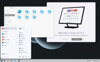 Screenshot of Zorin OS 17.3 interface, featuring a file explorer and a welcome tour prompt on a dark background.