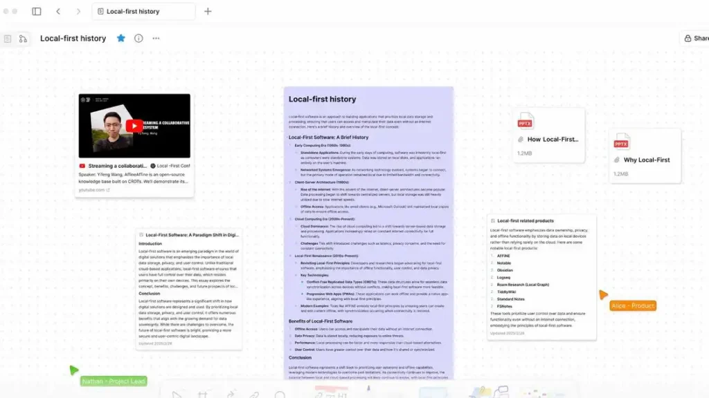 A digital workspace displaying notes on Local-First history, featuring text sections and links to related presentations and products.