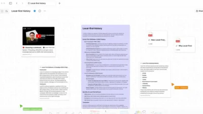 A digital workspace displaying notes on Local-First history, featuring text sections and links to related presentations and products.