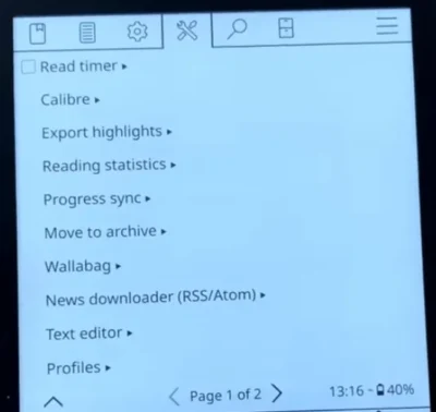 A digital reading interface displaying options like Read timer, Calibre, Export highlights, and more, with navigation at the bottom.