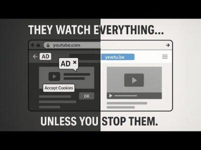 A split-screen image comparing YouTube with ads on one side and an ad-free video site on the other, highlighting online privacy concerns.