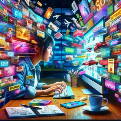 Europe plots escape hatch from the enshittification of search 6 A person types on a keyboard, surrounded by vibrant digital screens displaying images and various media, with colorful stationery nearby.
