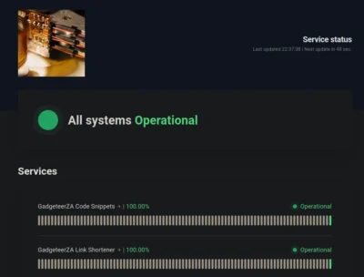 Service status dashboard showing all systems operational with green indicators for GadgeteerZA Code Snippets and Link Shortener.